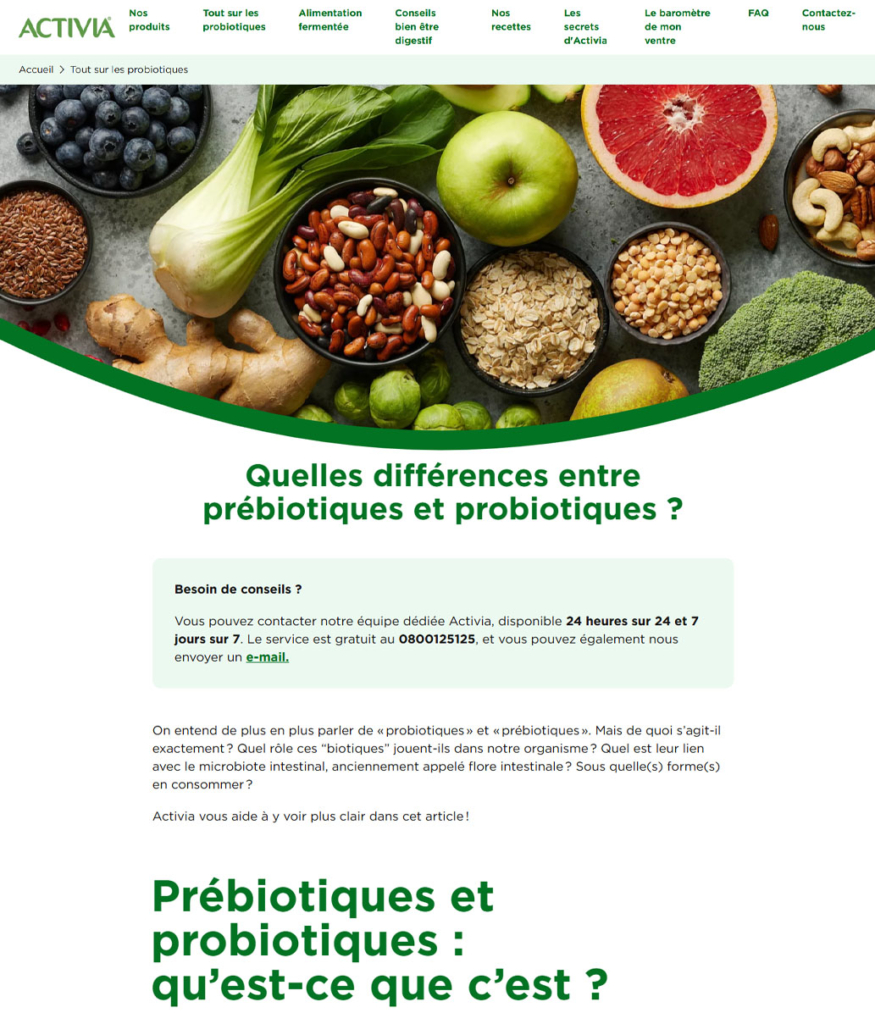 Image de l'article "Quelles différences entre prébiotiques et probiotiques ?" rédigé par l'agence doo la pour le client Activia