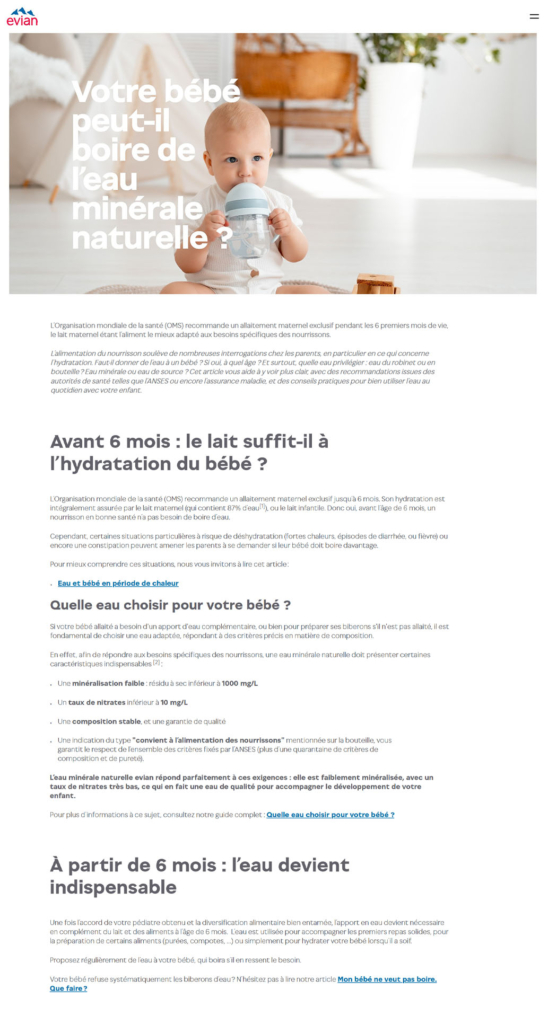Image de l'article "Votre bébé peut-il boire de l’eau minérale naturelle ?" rédigé par l'agence doo la pour le client Evian